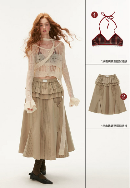 MAMC - Wide-Neck Cutout Cropped Knit Cardigan (Black / Yellow / Beige / Plaid Bra)