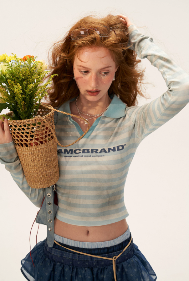 MAMC - Vintage Striped Long Sleeve Polo T-Shirt (Blue Stripes)