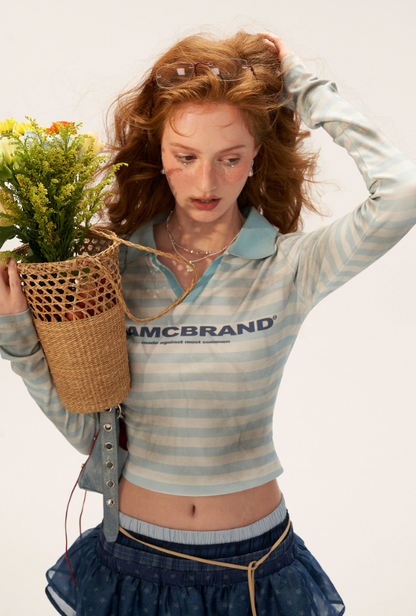 MAMC - Vintage Striped Long Sleeve Polo T-Shirt (Blue Stripes)