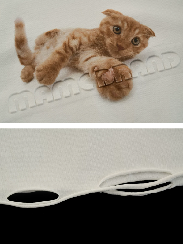 "Playful Kitty Mood" Distressed Cropped Graphic T-shirt WE985