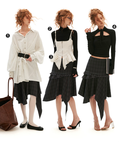 Grey Plaid Asymmetrical Lace Midi Skirt
