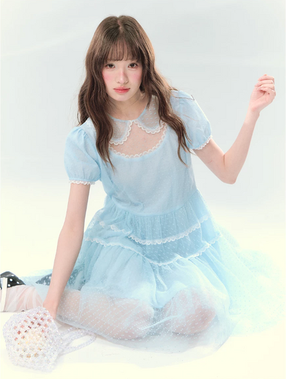 “Ice Blue Polka Dream” Blue Polka Dot Tiered Mini Dress