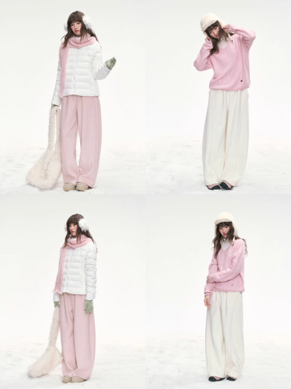 "Winter Bloom" Embroidered Knit Lounge Pants – White & Pink LL2025334