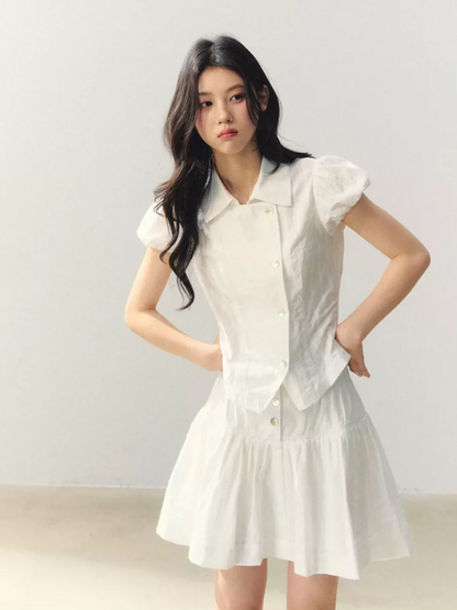 "Summer White Notes" Textured Shirt & Mini Skirt Set LL2026015