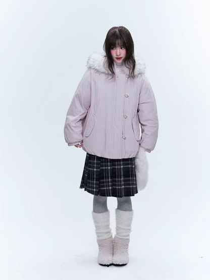 CREAMO2奶油氧气 - Soft Pink-Purple Detachable Fur Hooded Down Jacket