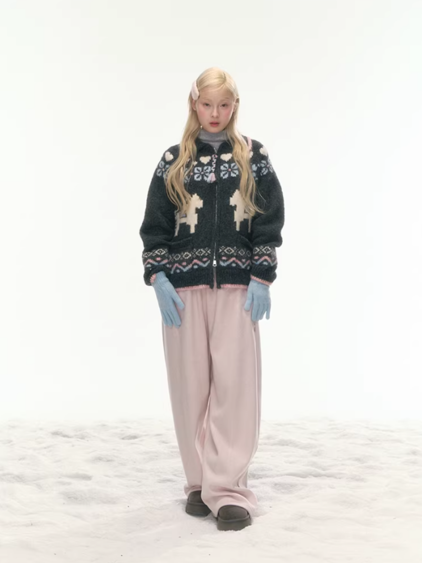 "Nordic Fairytale" Charcoal Pony Zip-Up Knit Cardigan WW2025449