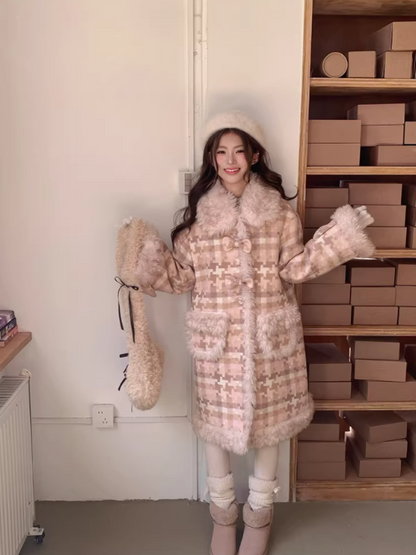 阮阮自制 - Clara Bow Blush Plaid Wool-Blend Padded Coat