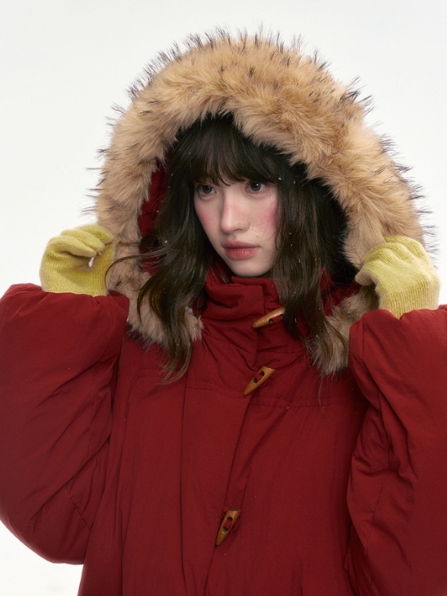 “Redwood Reverie” Festive Red Duffle-Hood Down Jacket LL2025317