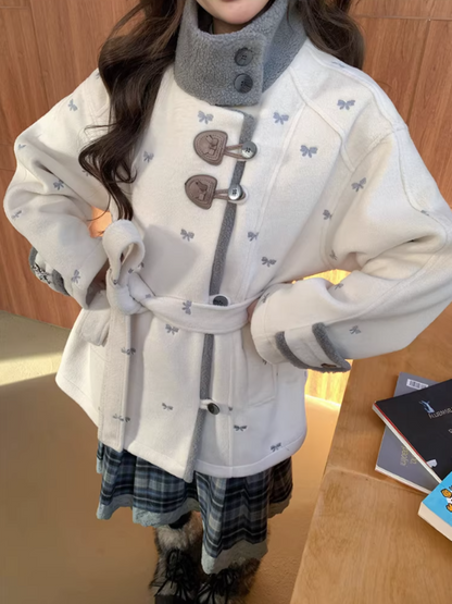 阮阮自制 - "Fog Whisper" Bow Embroidered Wool-Blend Padded Coat