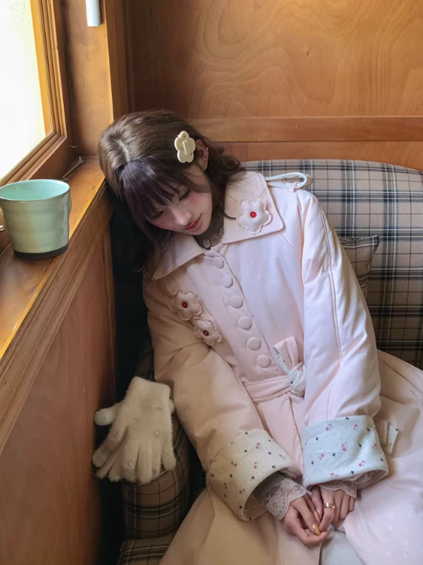 阮阮自制 - Honey Blossom Blush Floral Long Puffer Jacket
