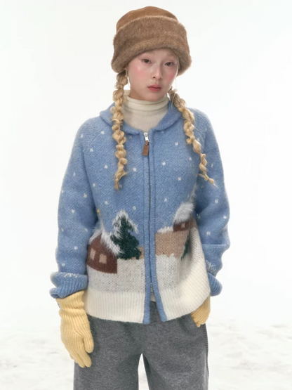 "Hand-Stitched Snow Fairytale" Blue Zip-Up Knit Cardigan LL2025448