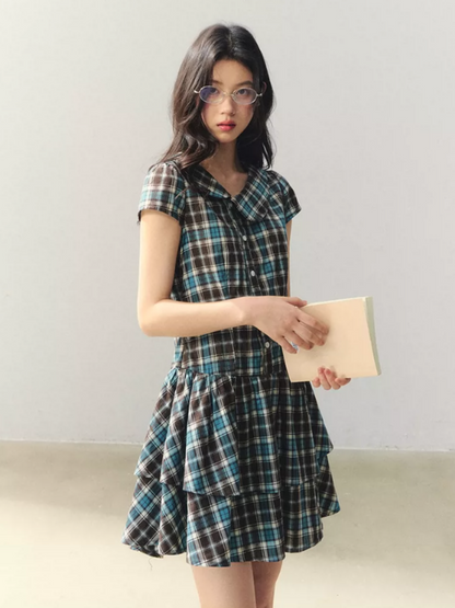 "Pine Chestnut Mint" Asymmetric Collar Plaid Dress LL2026034