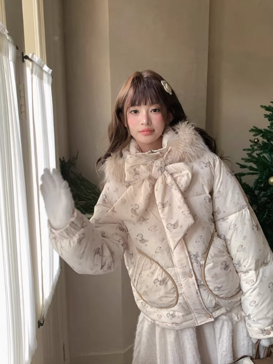 阮阮自制 - "Fluffy Pup" Bow-Detail Puppy Print Puffer Jacket