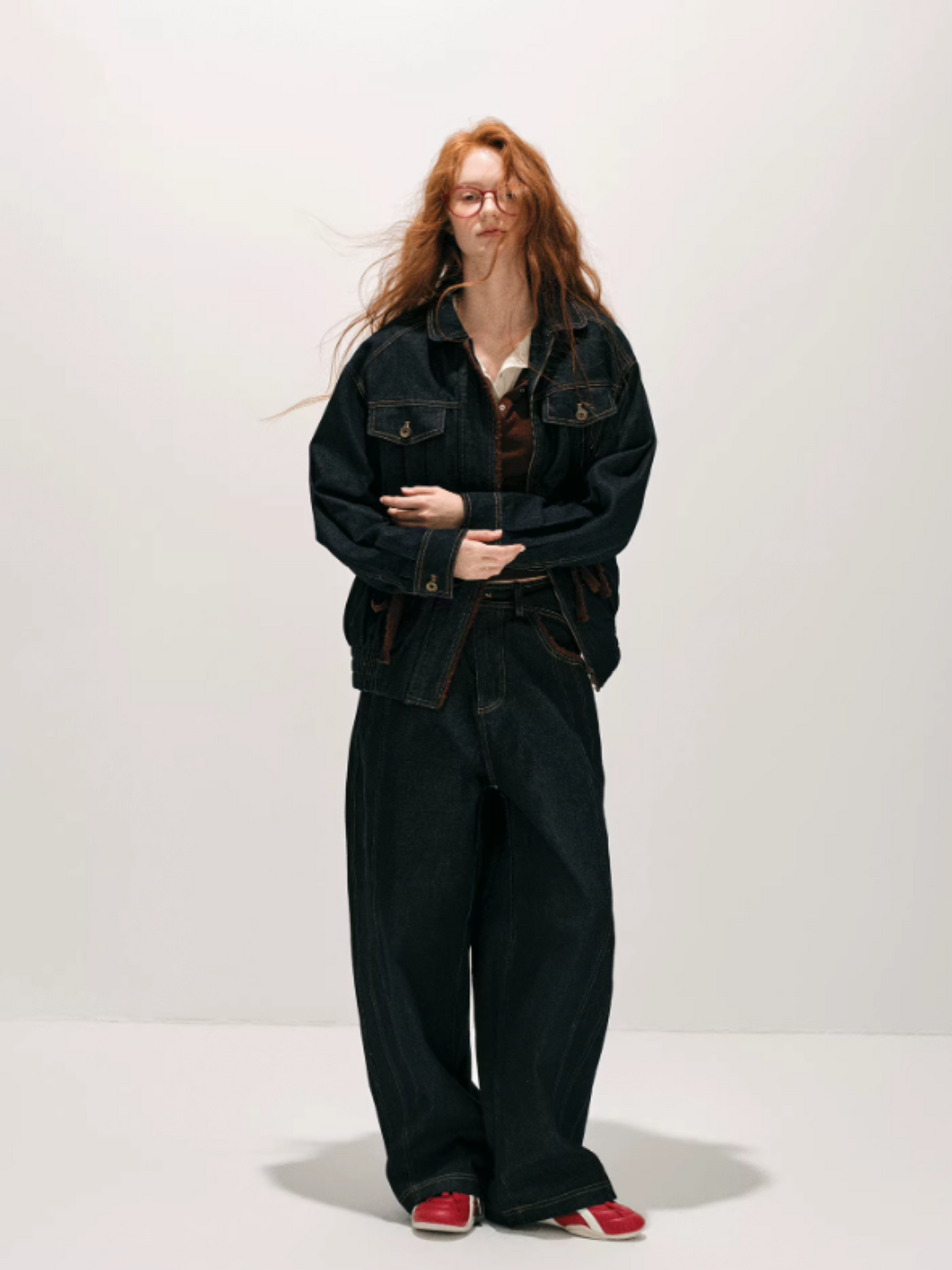 "荒野造势" Western-Inspired Suede-Panel Denim Jacket & Pants Set