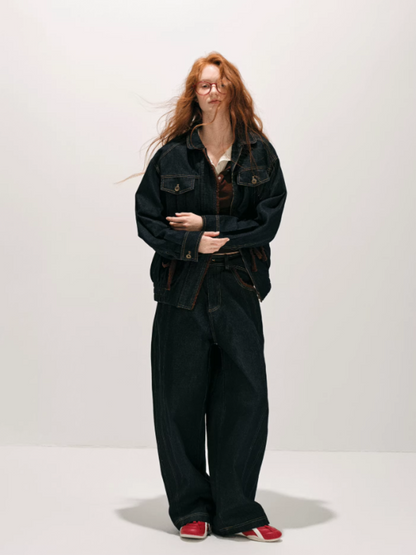 "荒野造势" Western-Inspired Suede-Panel Denim Jacket & Pants Set