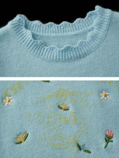 MAMC - Floral Embroidered Knit Sweater (Sky Blue)
