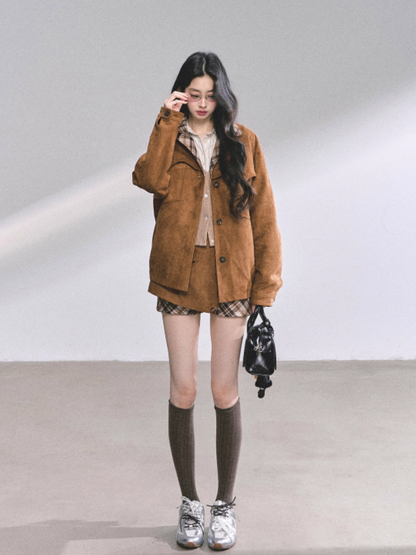 少也眼 Miu-Style Two-Piece Set – French Hepburn Jacket & Plaid Mini Skirt (Light Coffee)