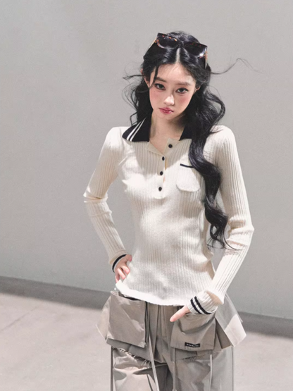 "温蒂的信" Classic Polo Collar Knit Top - White