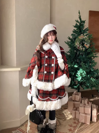 阮阮自制 - "Snowberry Dream" Plaid Cape Wool Blend Two-Piece Winter Set
