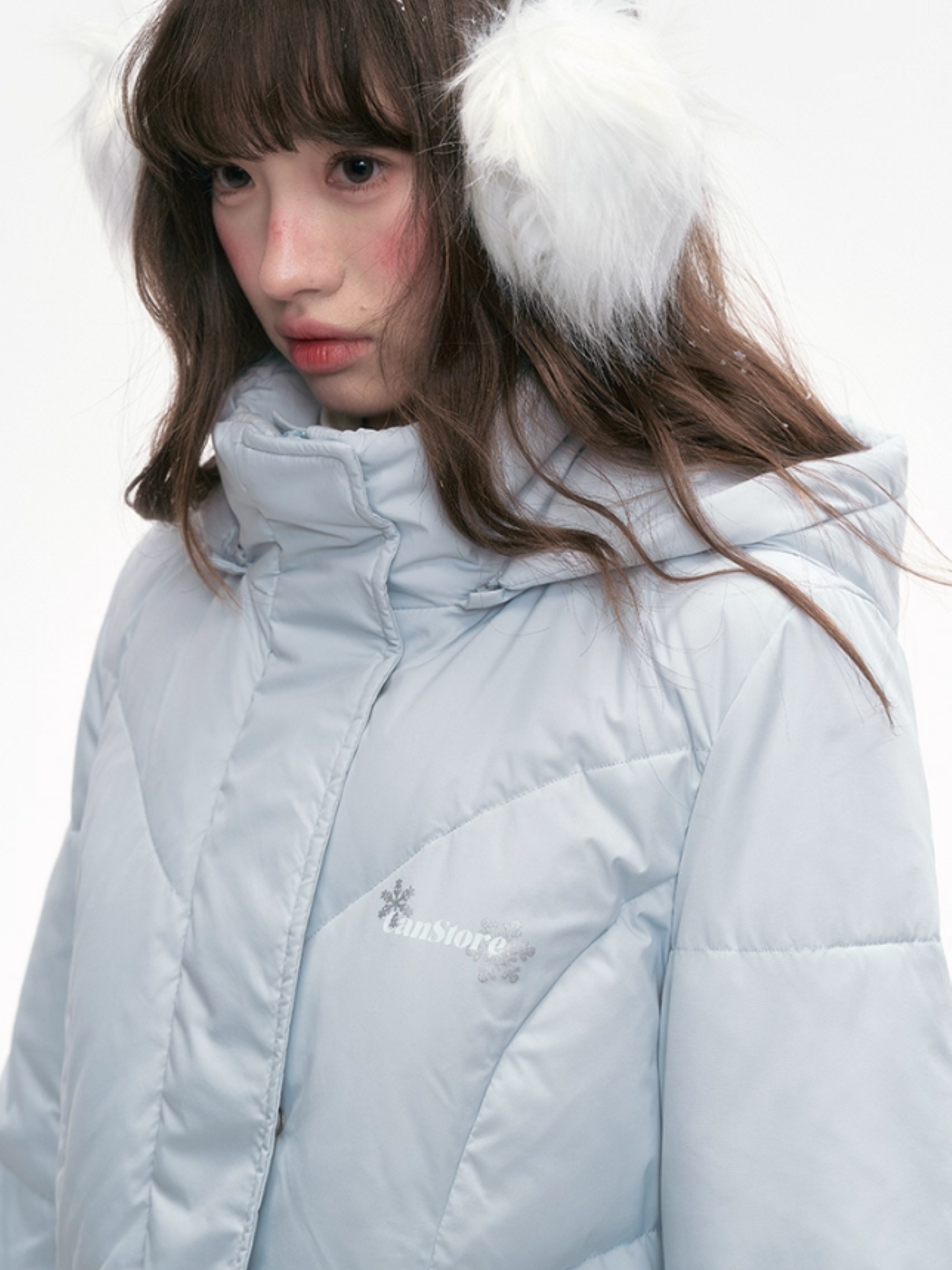“Snowday Serenade” Powder Blue Waist-Defining Down Jacket LL2025298