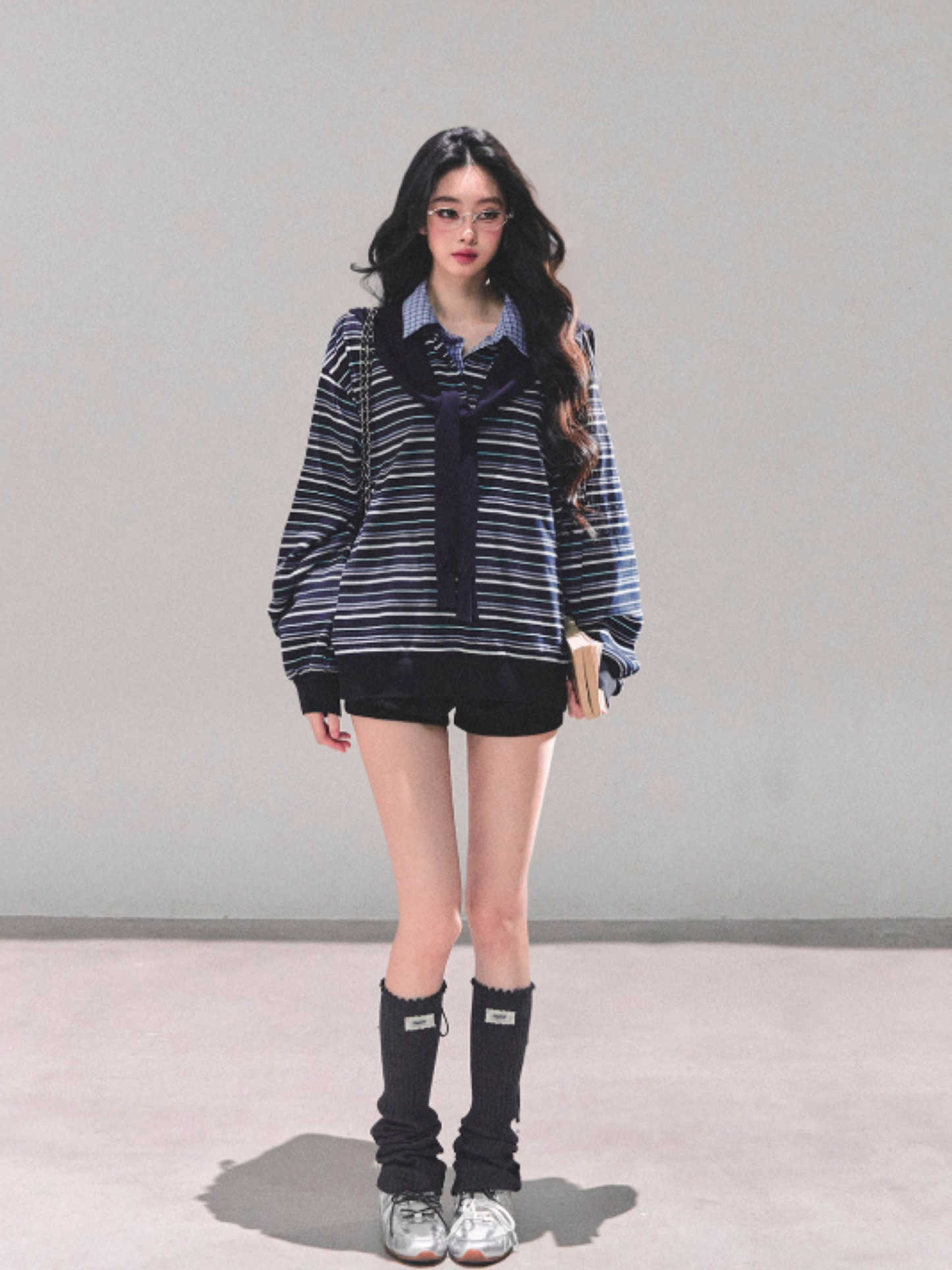 少也眼 "Unfinished Poem" Striped Polo Long Sleeve - Navy Striped