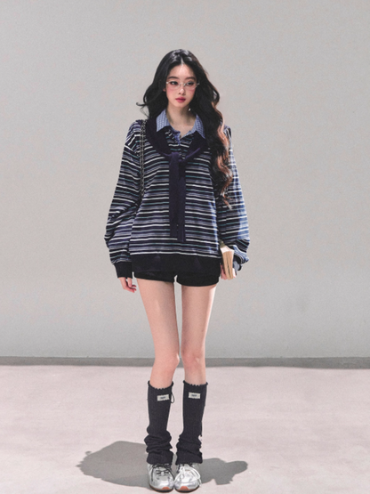 少也眼 "Unfinished Poem" Striped Polo Long Sleeve - Navy Striped