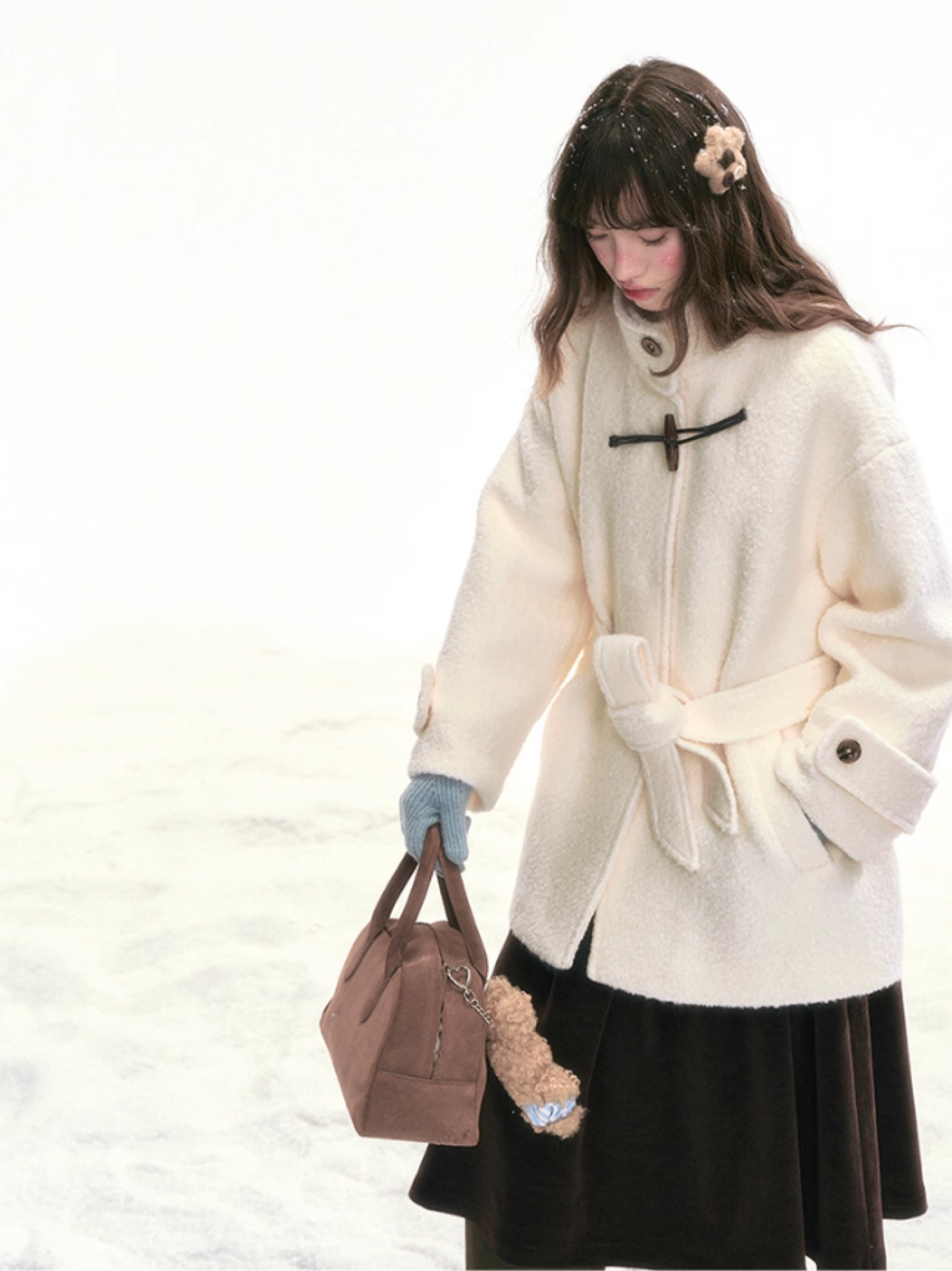 "Warm Latte Glow" Wool Duffle Coat — Belted Bouclé Design SJ2025302