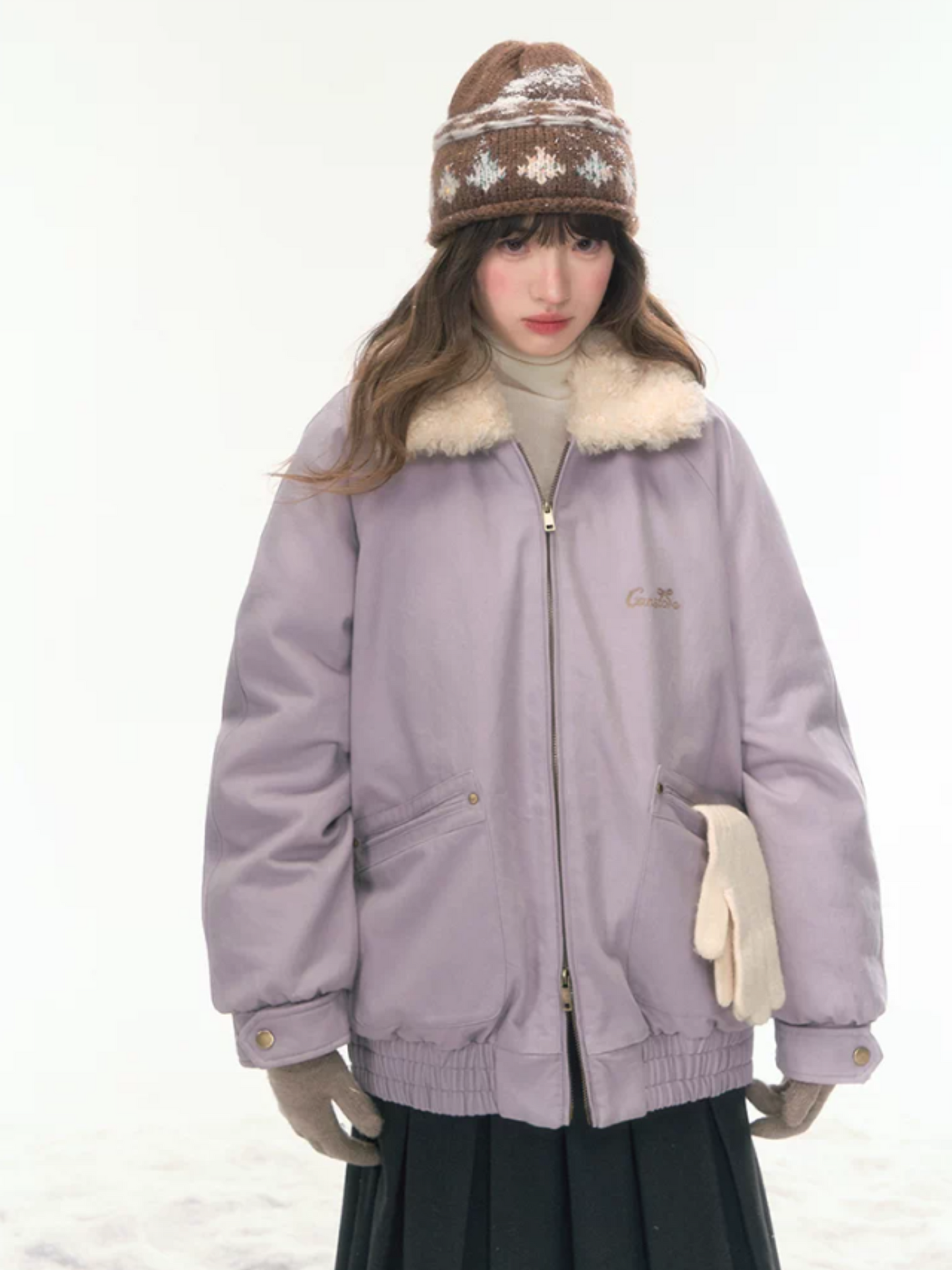 "Misty Lilac" Contrast Fur Collar Utility Down Jacket LL2025457