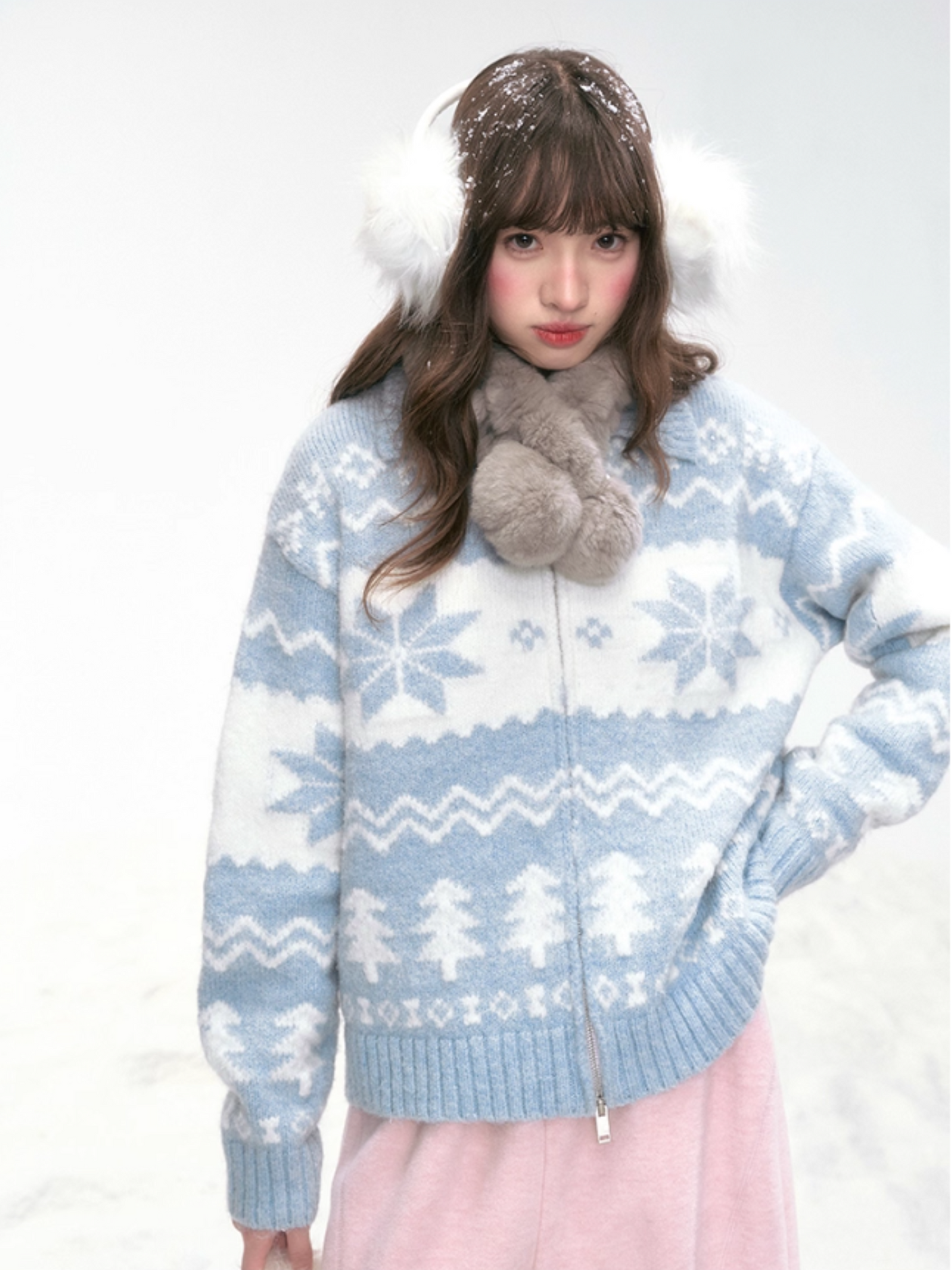 "Frost Whisper" Blue Vintage Contrast Knit Cardigan LL2025305