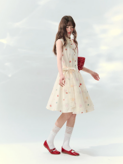 “Twin Bloom Letters” Cream Rose Embroidered Shirt Dress LL2026139