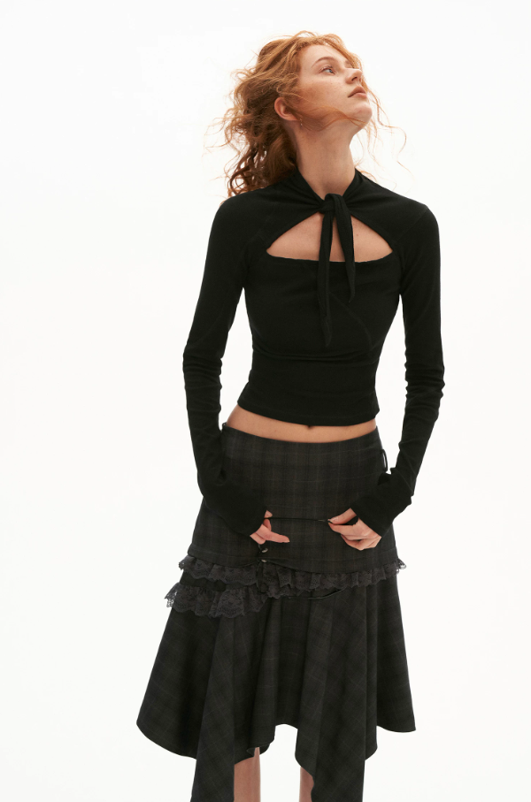 MAMC - Lace-Up Cutout Waist-Sculpt Long Sleeve Top (Black/ White)