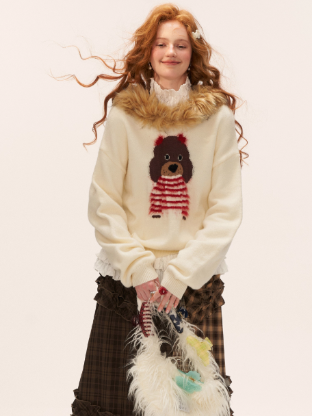 MAMC - Dog Fur-Trim Pullover Hoodie Sweater WE805 - Beige