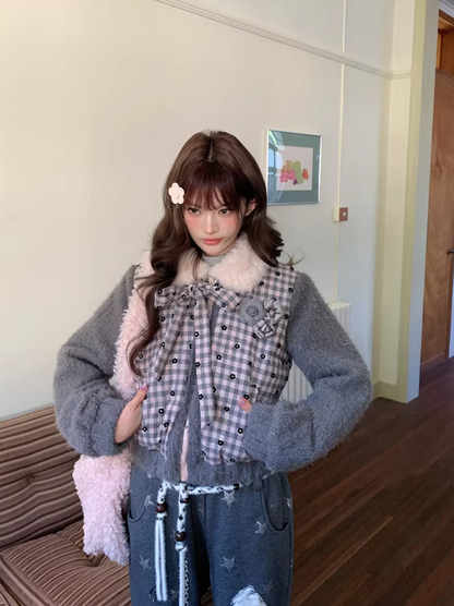 阮阮自制 - "Mist Isle Sakura" Faux-Layered Plaid Fur-Collar Puffer Jacket