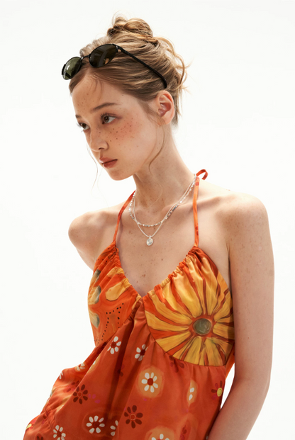Sunset Bloom Halter Drawstring Top