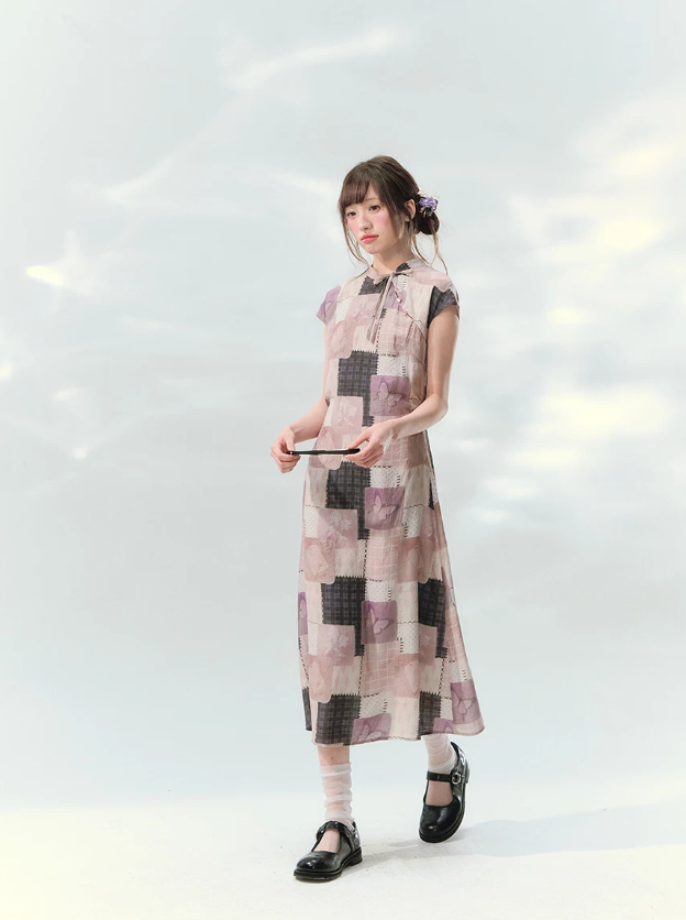 “Wisteria Poetry” Purple Patchwork Print Cheongsam Dress