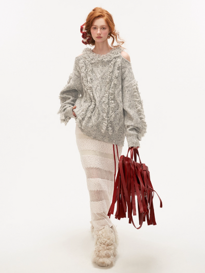MAMC - Gray Off-Shoulder Fringe Knit Sweater WE264