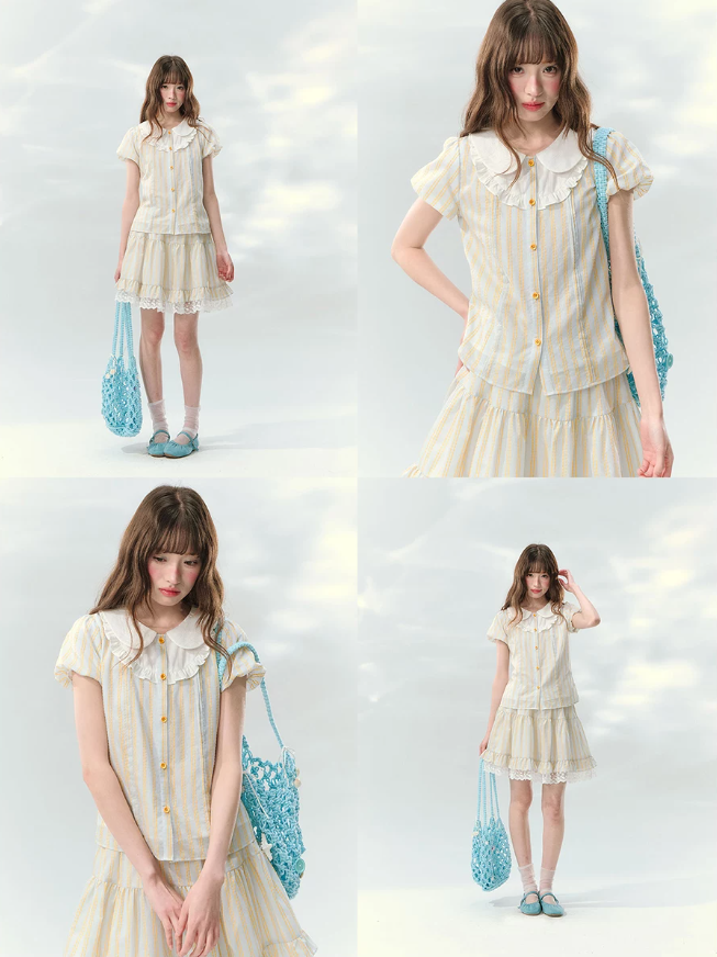 “Spring Lemon Breeze” Milk Blue Striped Shirt & Tiered Mini Skirt Set