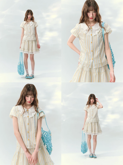 “Spring Lemon Breeze” Milk Blue Striped Shirt & Tiered Mini Skirt Set
