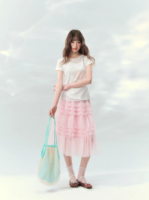 “Apple Mist Daydream” White Apple Print Ruched Tee