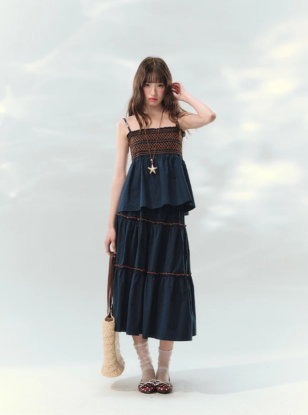 “Bohemian Travel Notes” Navy Beaded Cami & Tiered Maxi Skirt Set