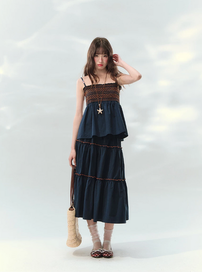 “Bohemian Travel Notes” Navy Beaded Cami & Tiered Maxi Skirt Set