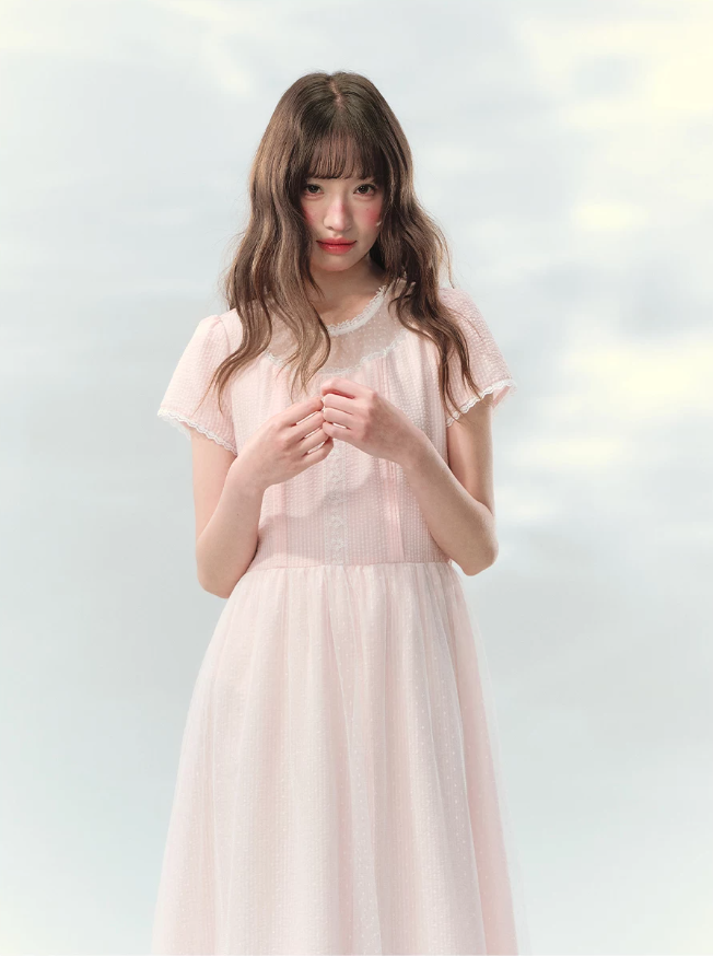 “Peach Bubble Romance” Pink Polka Dot Lace Midi Dress