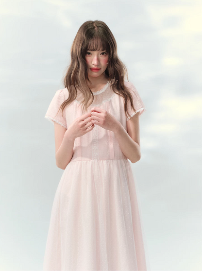 “Peach Bubble Romance” Pink Polka Dot Lace Midi Dress