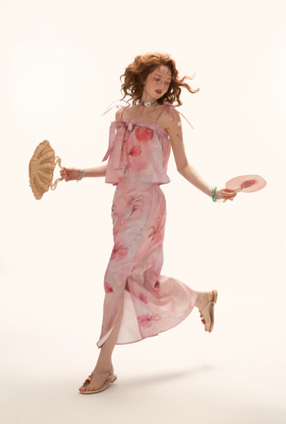 MAMC - "Peach Bloom Mood" Bow Cami & Midi Skirt Set WE906