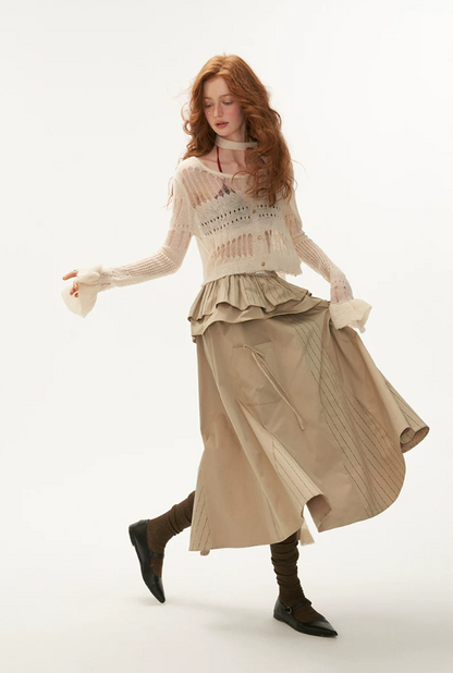 MAMC - Wide-Neck Cutout Cropped Knit Cardigan (Black / Yellow / Beige / Plaid Bra)