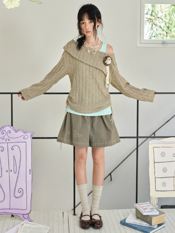 DAILY ARTIST - Brown Cable-Knit Sweater & Mint Green Tank Set