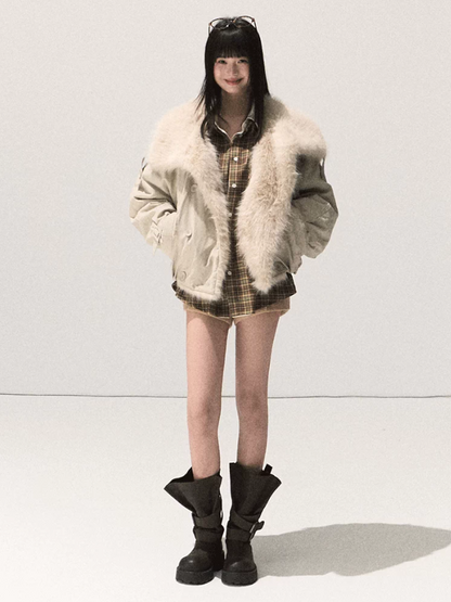 OAKMOO/ Silver Snowgrass White Faux Fur Collar Cropped Parka Jacket