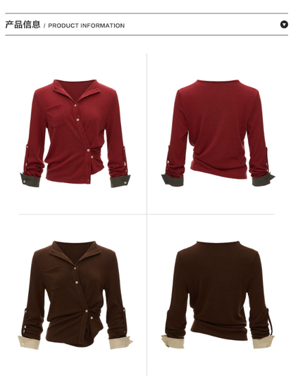 MAMC - Textured Wrap-Front Henley Waist-Defined Cardigan Top (Red / Brown)