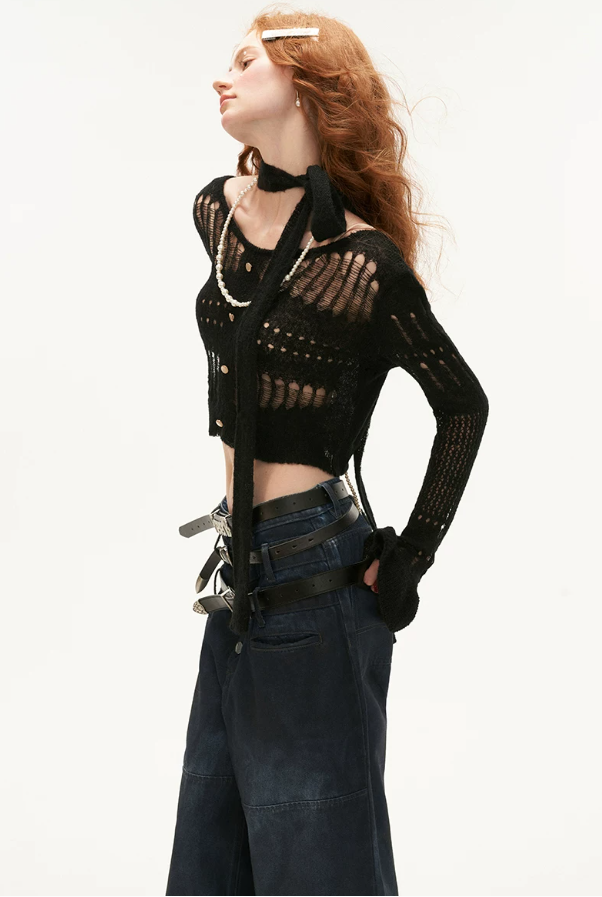 MAMC - Wide-Neck Cutout Cropped Knit Cardigan (Black / Yellow / Beige / Plaid Bra)