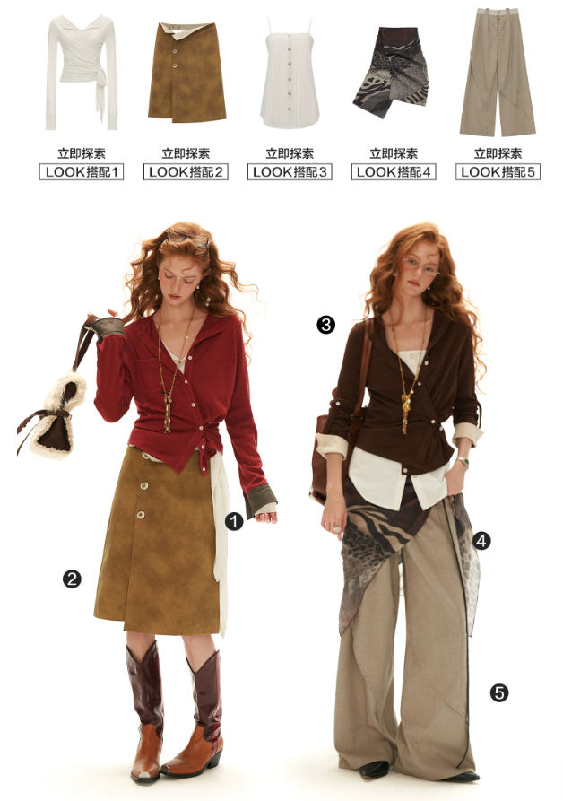 MAMC - Textured Wrap-Front Henley Waist-Defined Cardigan Top (Red / Brown)